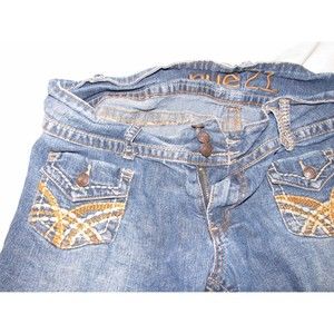 Rue 21 Denim Shorts Womens Jean Button Pockets Stitching Gold White Blue Sz 9/10